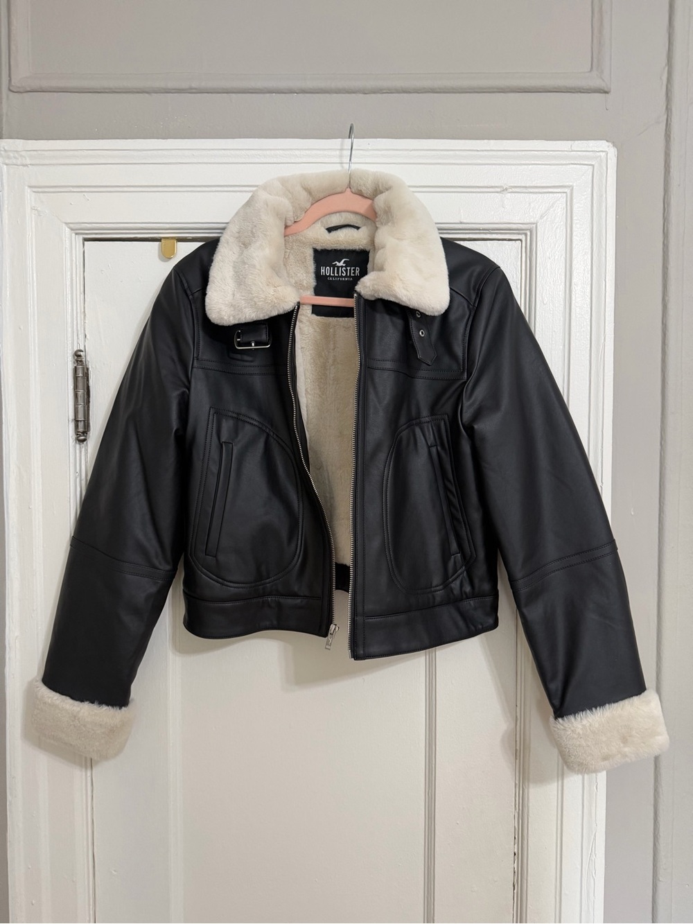 Hollister Black Faux Leather Puffer Jacket with Cream Sherpa